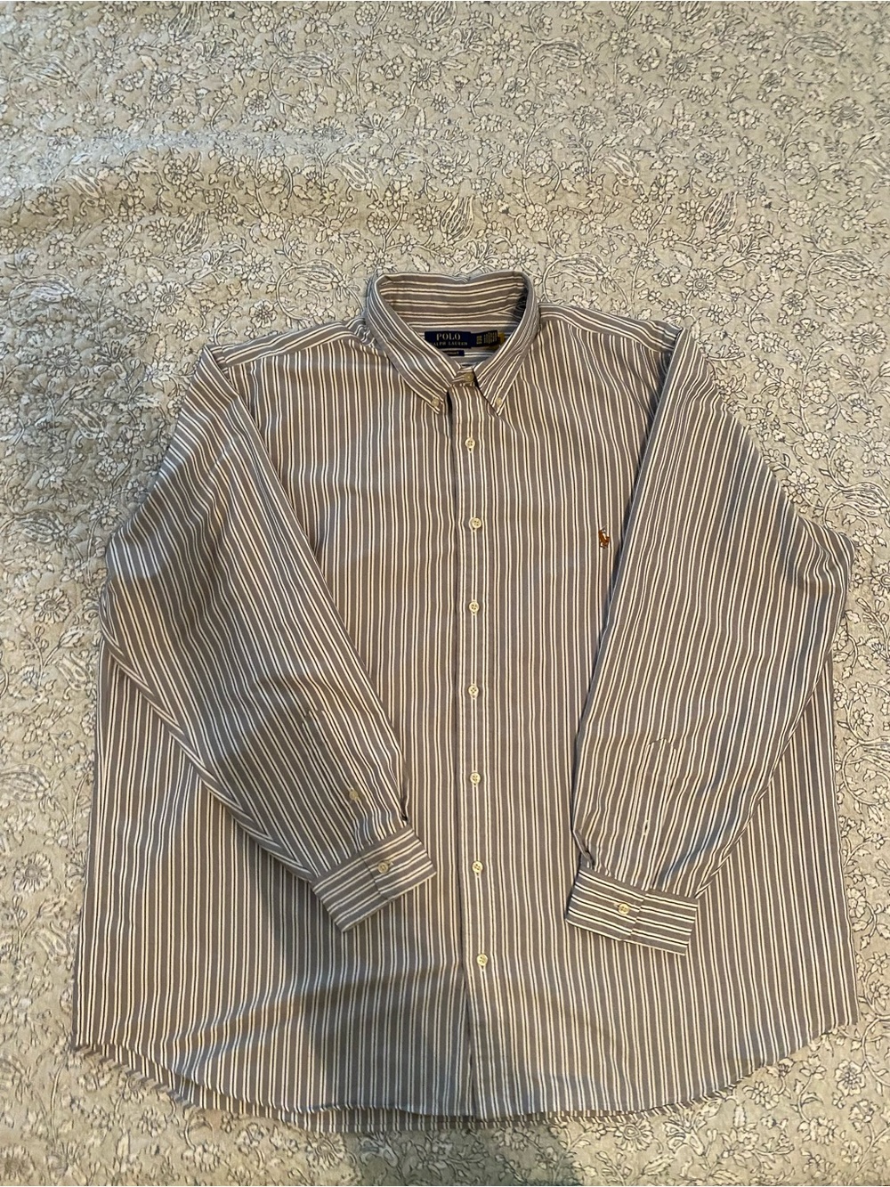 Ralph Lauren Performance Men's Gray and White Striped Button-Down Shirt